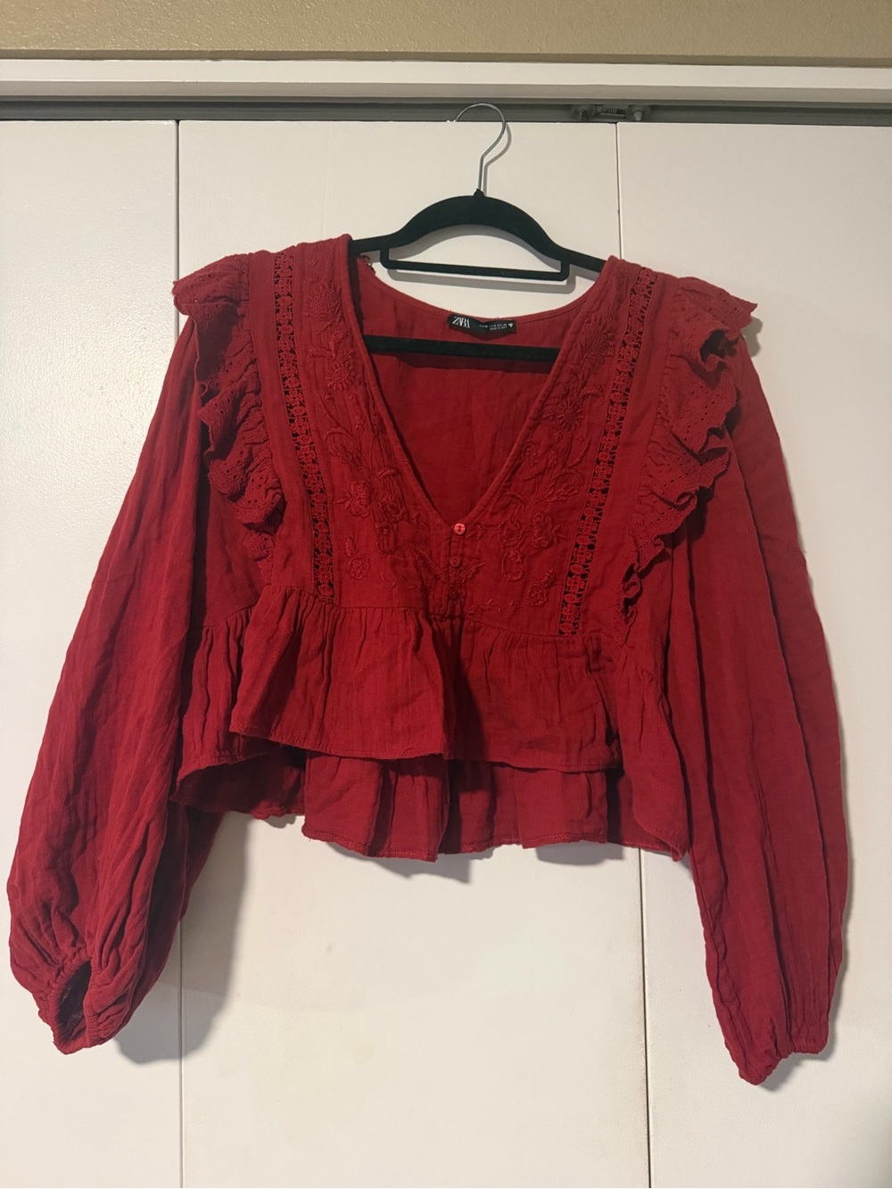 Zara Crimson Ruffled V-Neck Peasant Blouse